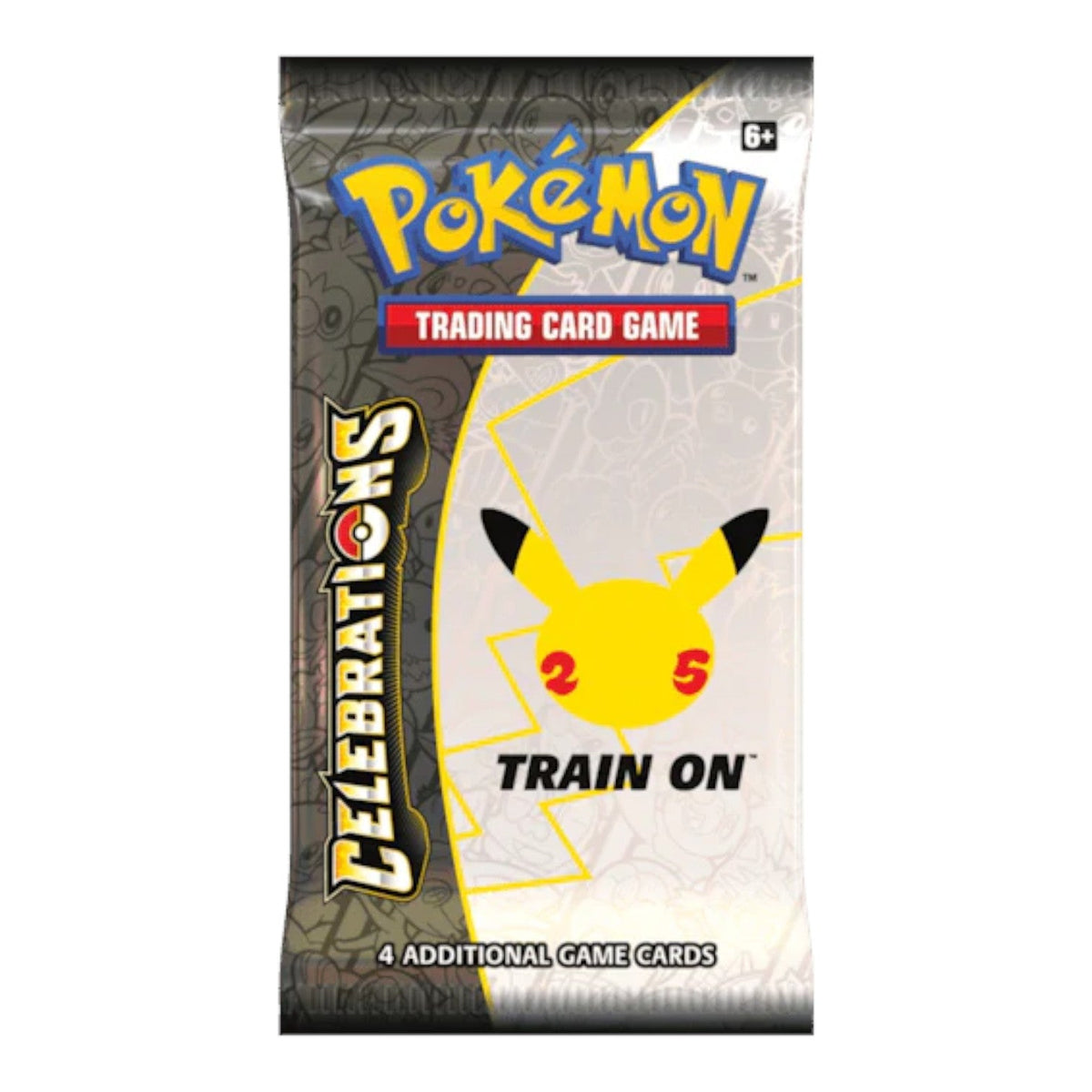 Pokémon TCG Celebrations 25th Anniversary booster pack with a gold Pikachu silhouette on black