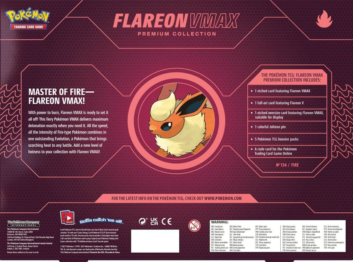 Packaging detail on the Pokémon Flareon VMAX Premium Collection box