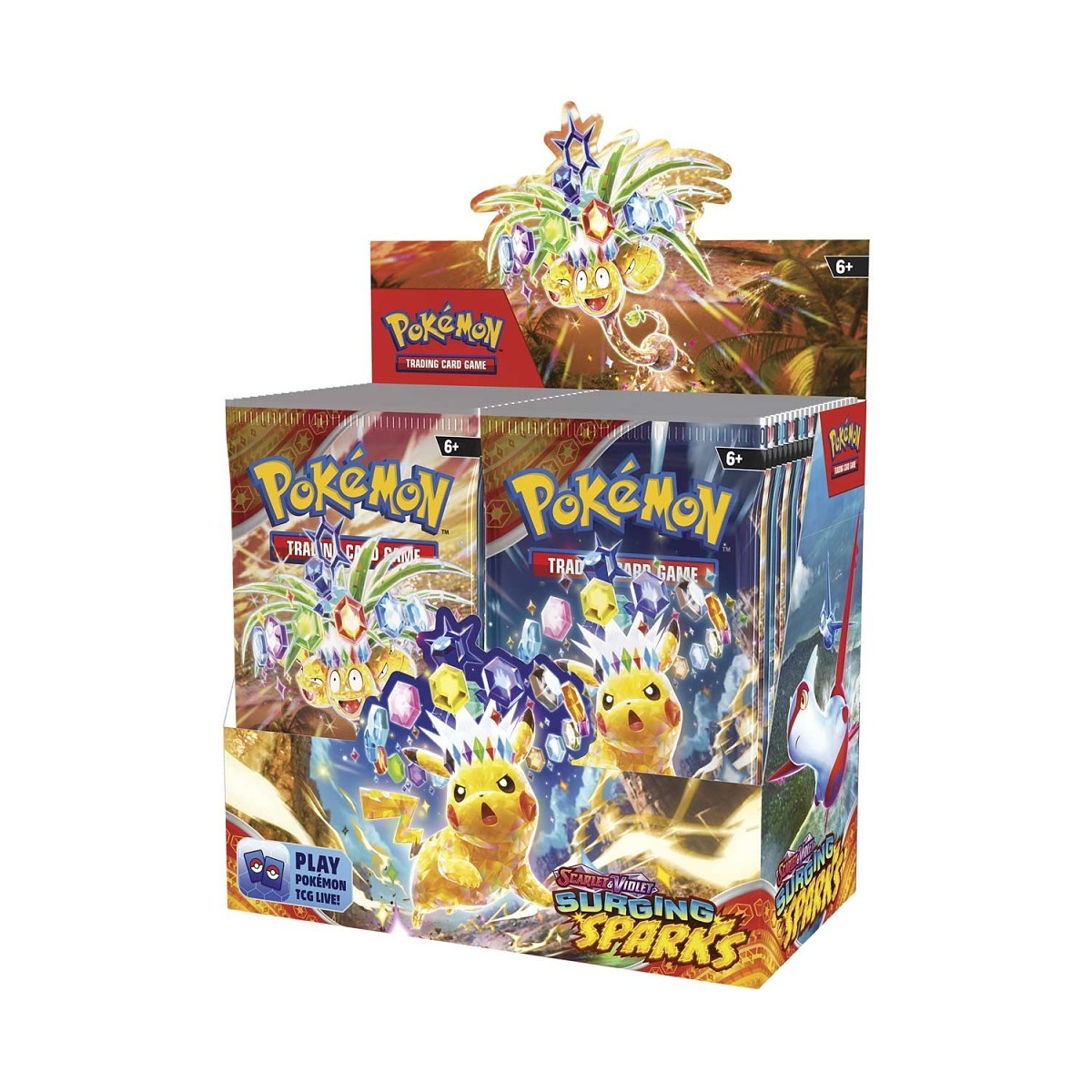 Pokémon TCG Surging Sparks booster box with 36 sealed packs, shown front-on