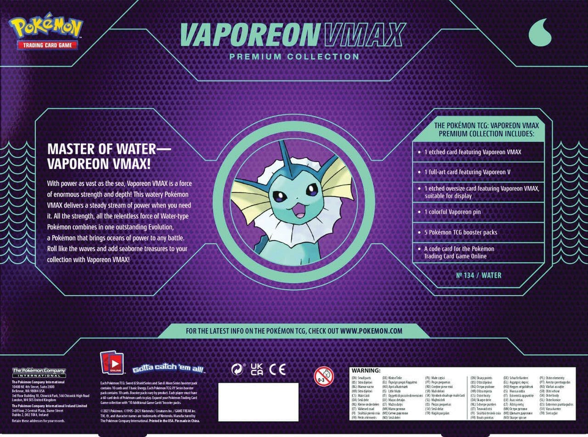 Pokémon TCG Vaporeon VMAX Premium Collection box close-up packaging detail