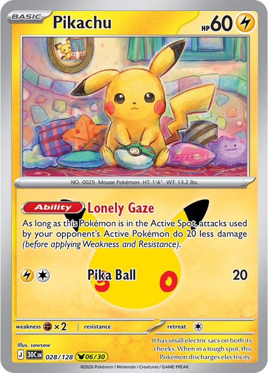 English Pikachu card number 28 from the Pokemon TCG 30th Celebration set