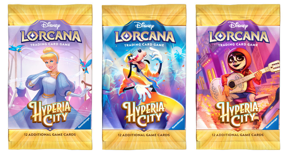 Disney Lorcana Hyperia City Set 14 booster packs, three wrapper designs, 12 English cards