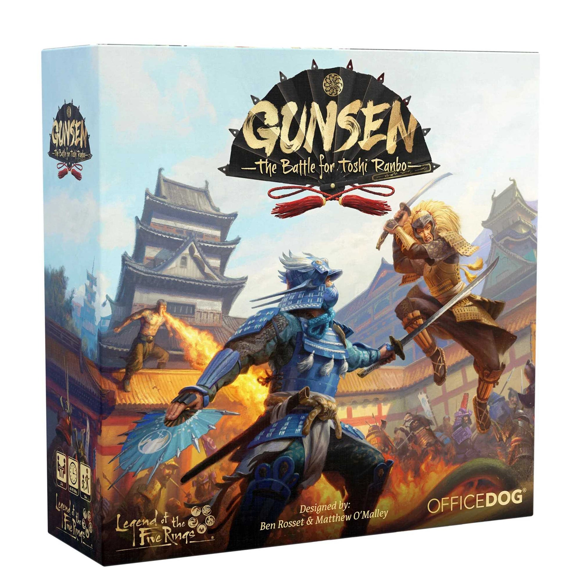 Gunsen The Battle for Toshi Ranbo board game box, seven clans of Rokugan fighting for one fortress