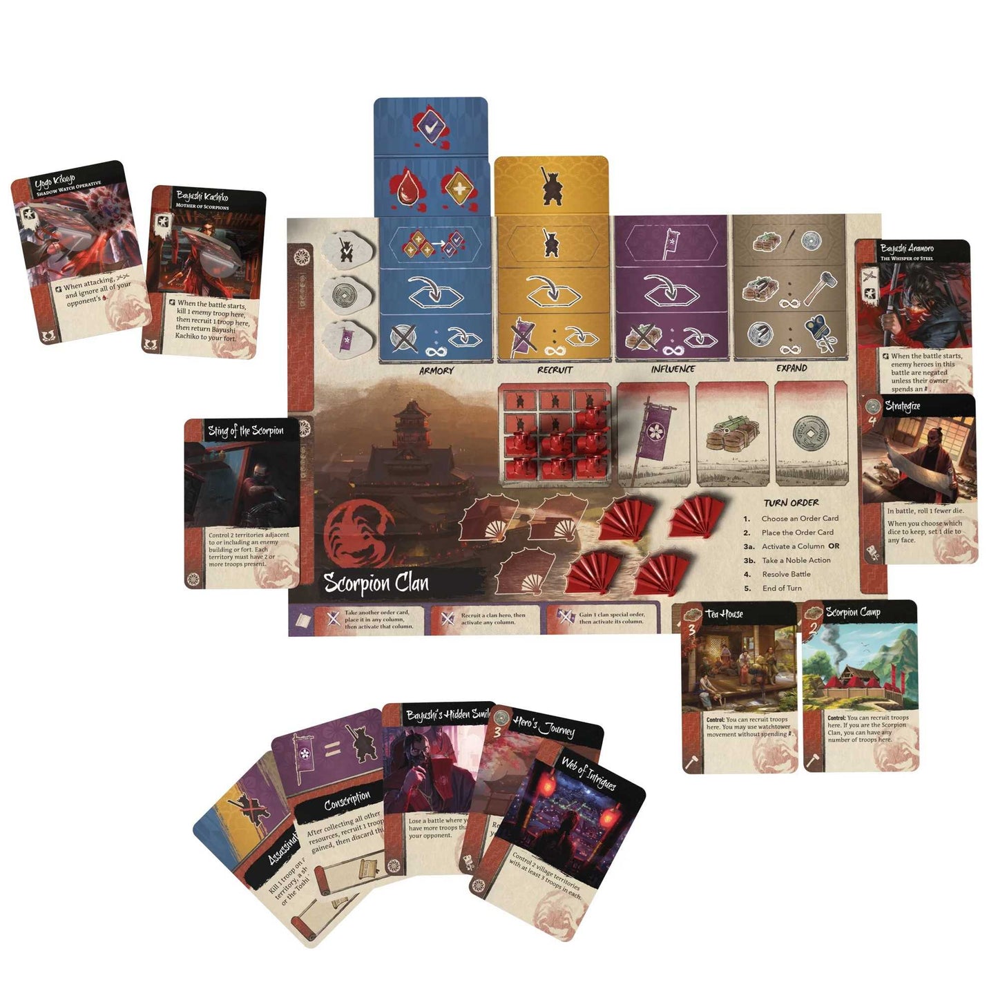 Gunsen clan hero standees, custom battle dice and influence, wood and koku tokens