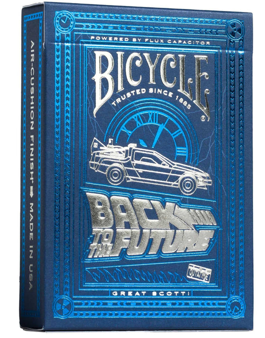 Bicycle Back to the Future playing cards deck in its printed tuck box, shown front-on