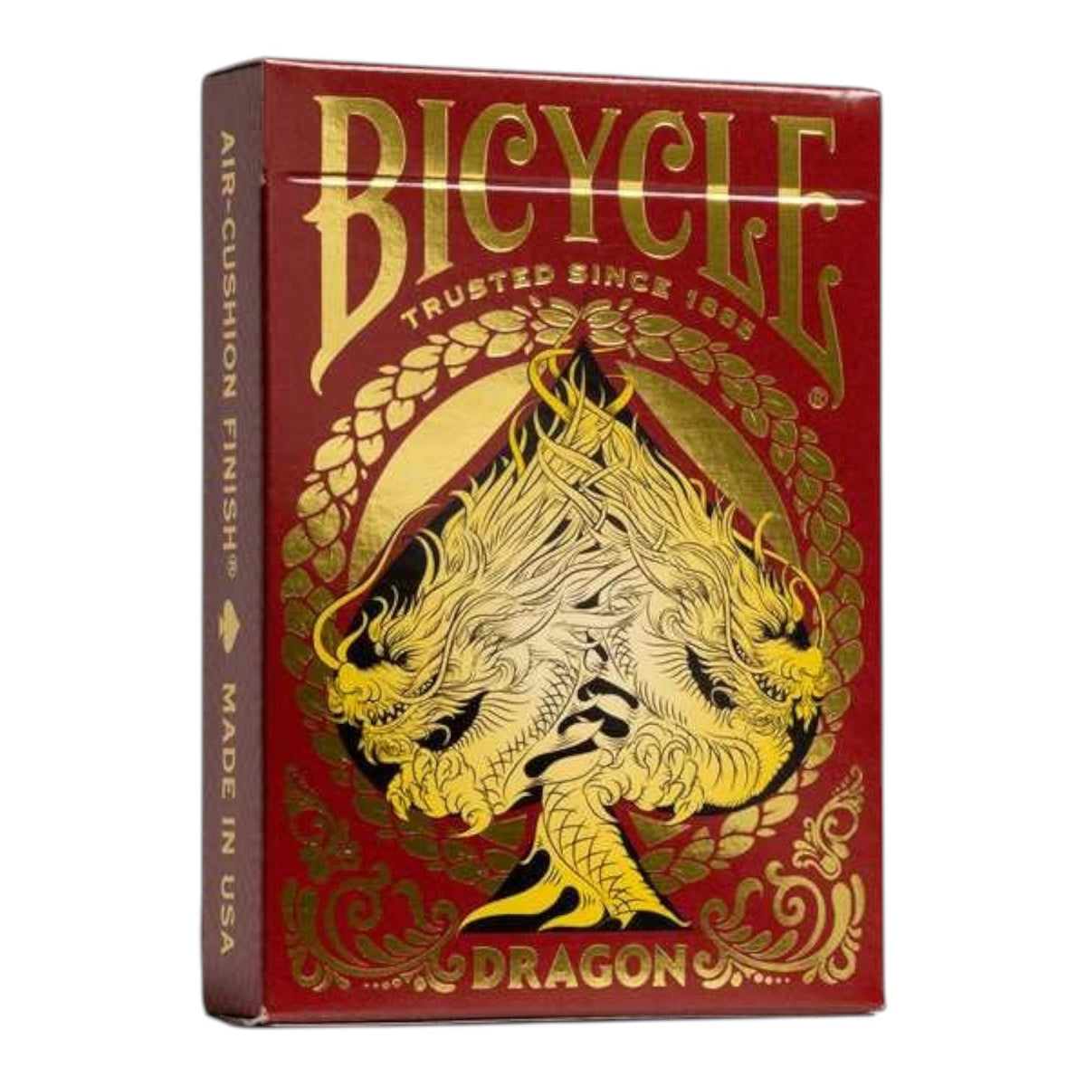 Bicycle Red Dragon playing cards deck with a gold foil dragon design on a crimson red box