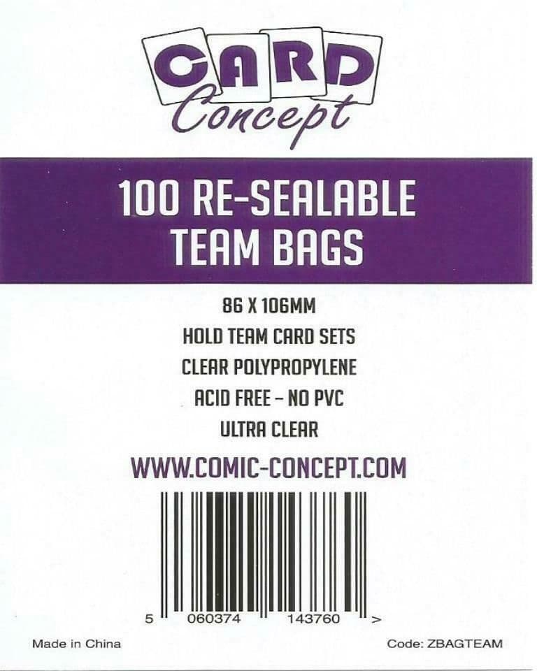 Card Concept re-sealable team bags for card sets, pack of 100 shown front-on