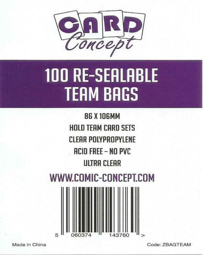 Card Concept re-sealable team bags for card sets, pack of 100 shown front-on