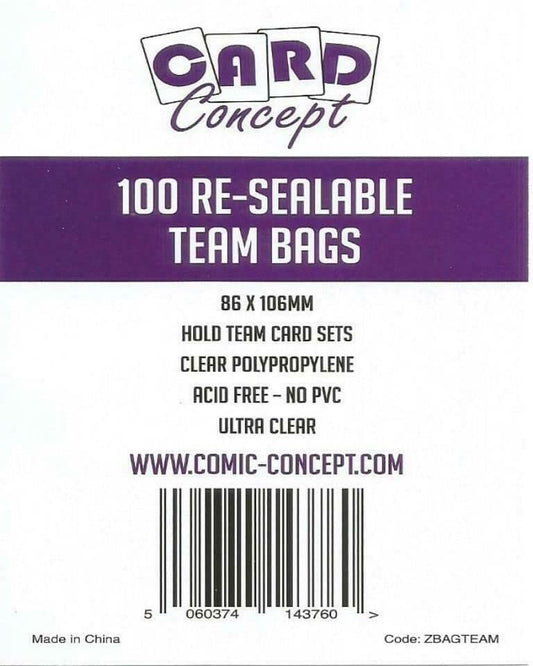 Card Concept re-sealable team bags for card sets, pack of 100 shown front-on