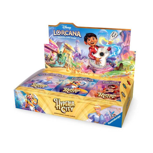 Disney Lorcana Hyperia City booster display, open box of 24 English packs with Miguel from Coco on the lid