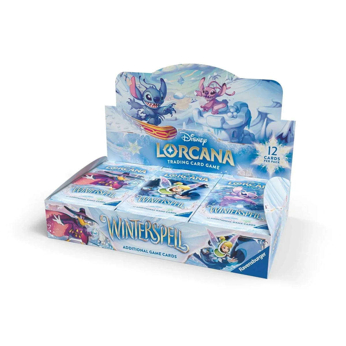 Disney Lorcana TCG Winterspell English booster box display holding sealed booster packs