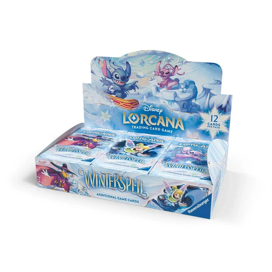 Disney Lorcana TCG Winterspell English booster box display holding sealed booster packs