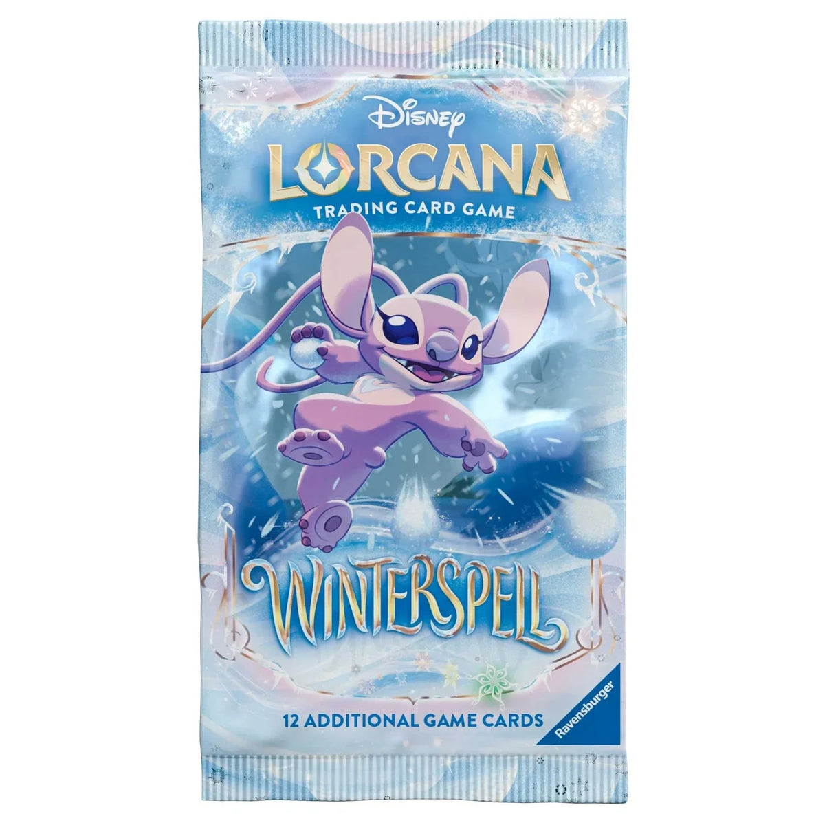 Disney Lorcana Winterspell booster pack with Stitch artwork on the sealed wrapper