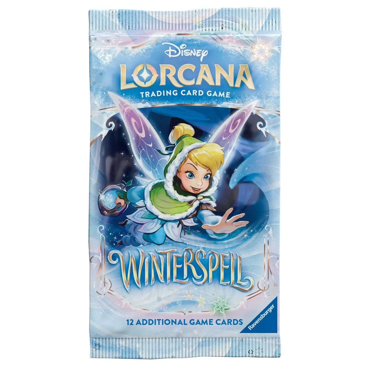 Disney Lorcana Winterspell booster pack with Tinker Bell artwork on the sealed wrapper