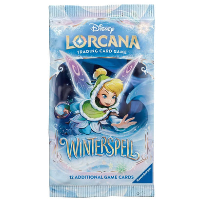Disney Lorcana Winterspell booster pack with Tinker Bell artwork on the sealed wrapper
