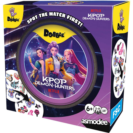 Dobble KPop Demon Hunters card game box, a fast symbol-spotting game for families