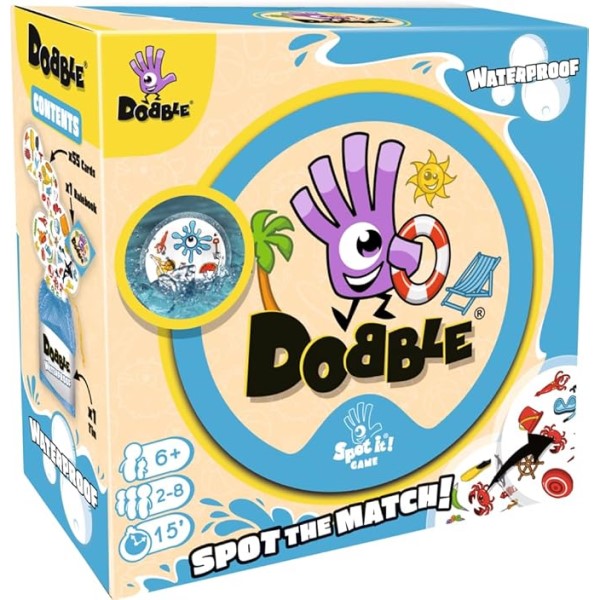 Dobble Waterproof Beach edition card game in its round tin, shown front-on