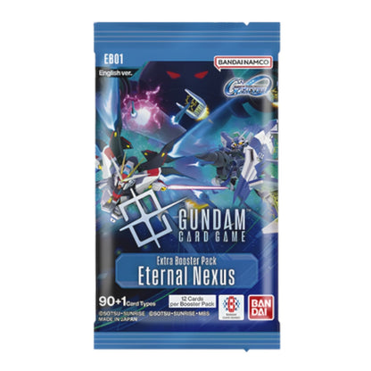 Gundam Card Game Eternal Nexus EB01 booster pack with SD Gundam artwork on a blue wrapper