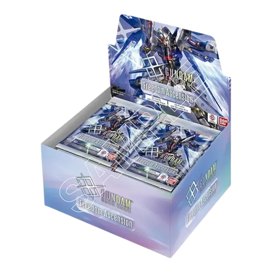 Gundam Card Game Freedom Ascension booster box holding 24 packs with Strike Freedom Gundam art