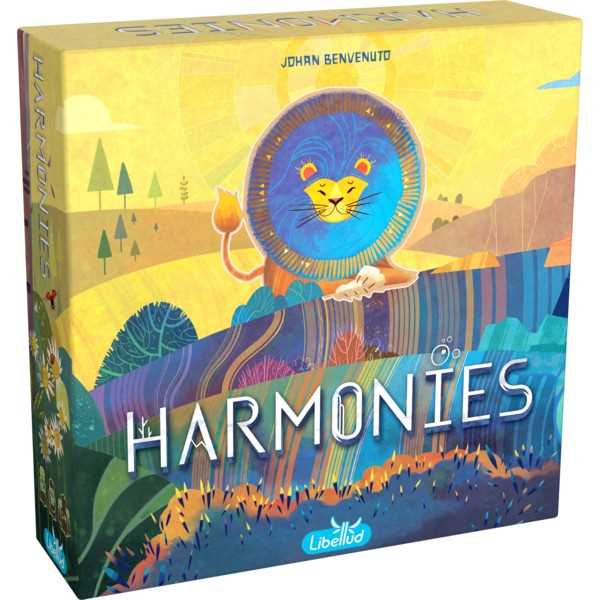 Harmonies board game box shown front-on with its landscape and animal cover artwork