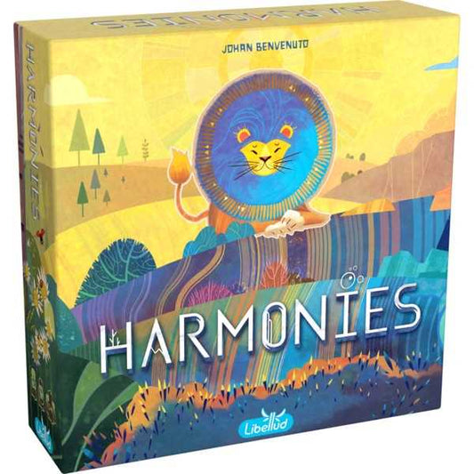 Harmonies board game box shown front-on with its landscape and animal cover artwork