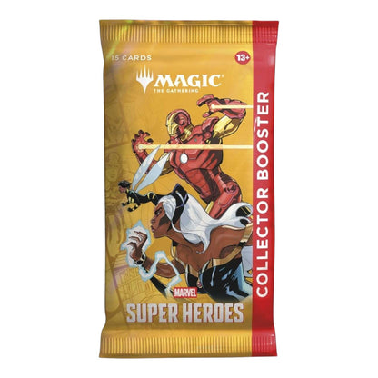 Marvel Super Heroes collector booster packs shown alongside the Magic: The Gathering display box