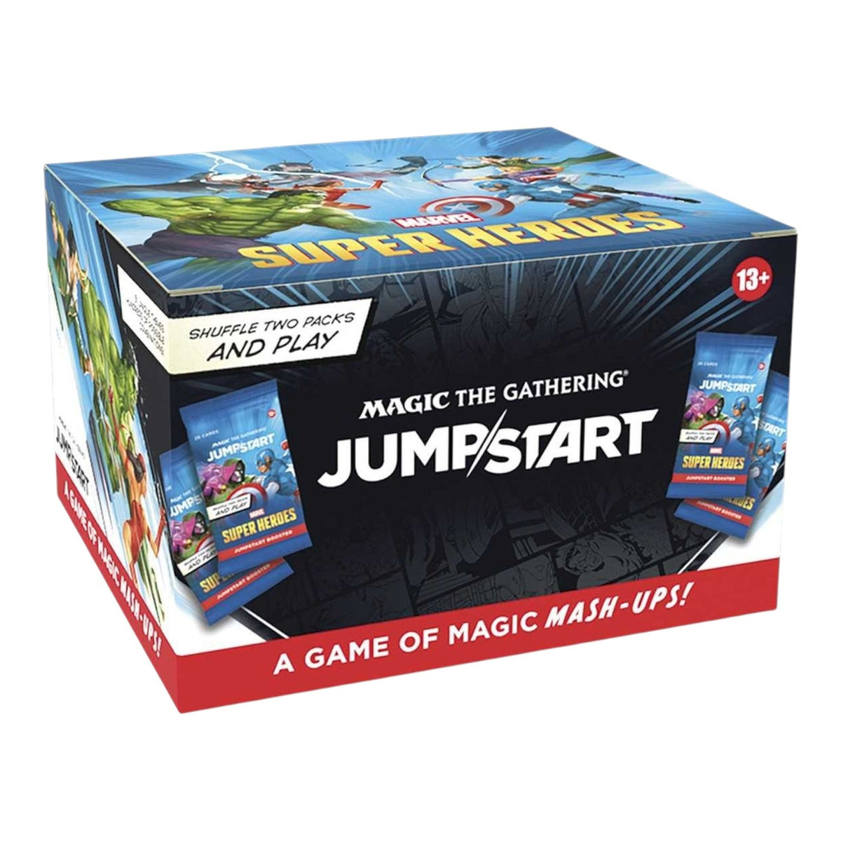 Back of the Magic: The Gathering Marvel Super Heroes Jumpstart booster box with product details