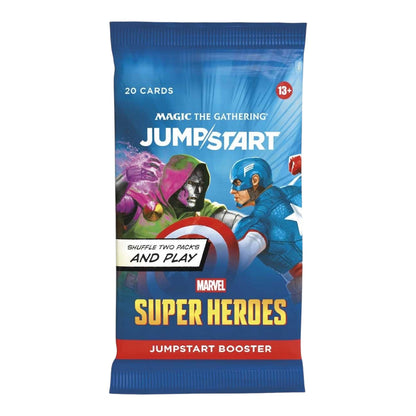Magic: The Gathering Marvel Super Heroes Jumpstart boosters shown beside the sealed display box