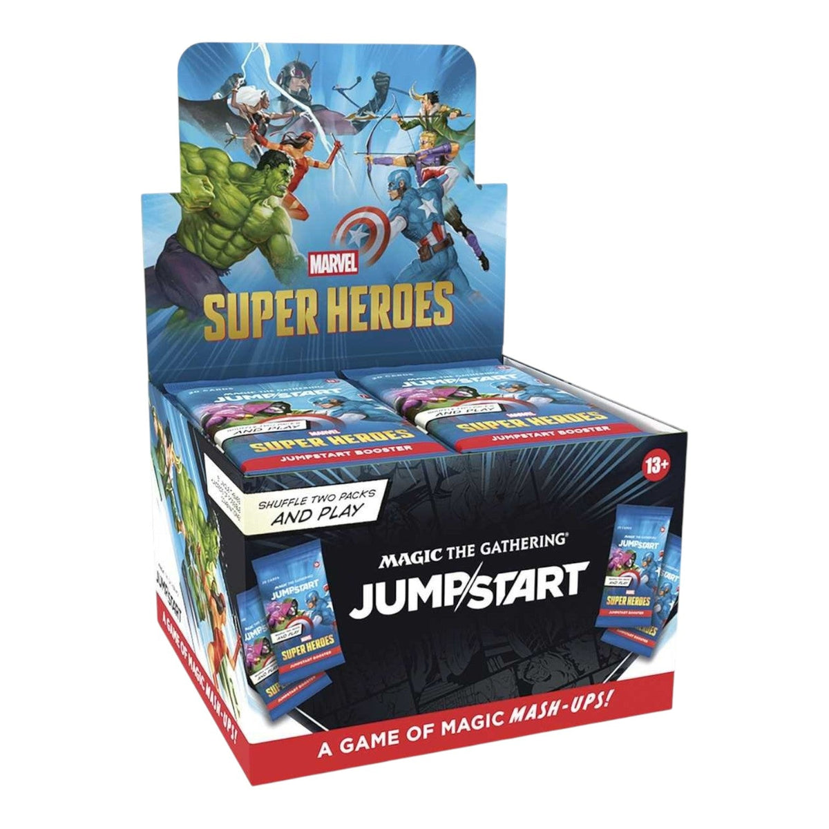 Magic: The Gathering Marvel Super Heroes Jumpstart booster box shown front-on and sealed
