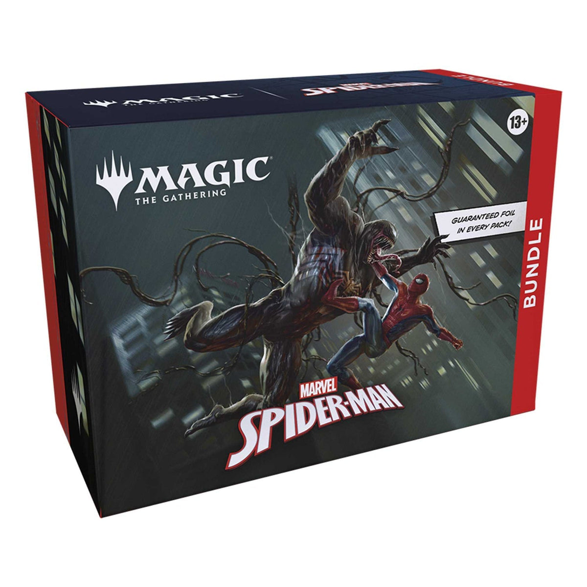 Contents of the Magic: The Gathering Marvel's Spider-Man Bundle laid out for display