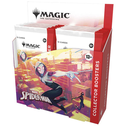 Marvel's Spider-Man collector booster packs shown alongside the Magic: The Gathering display box