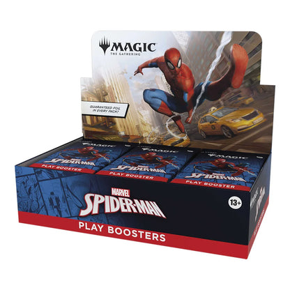 Magic: The Gathering Marvel's Spider-Man play boosters shown beside the sealed display box