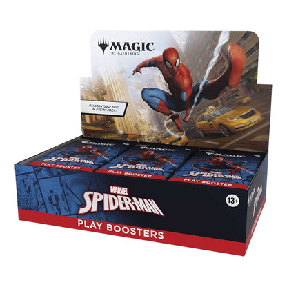 Magic: The Gathering Marvel's Spider-Man Play Booster shown with example cards from the set