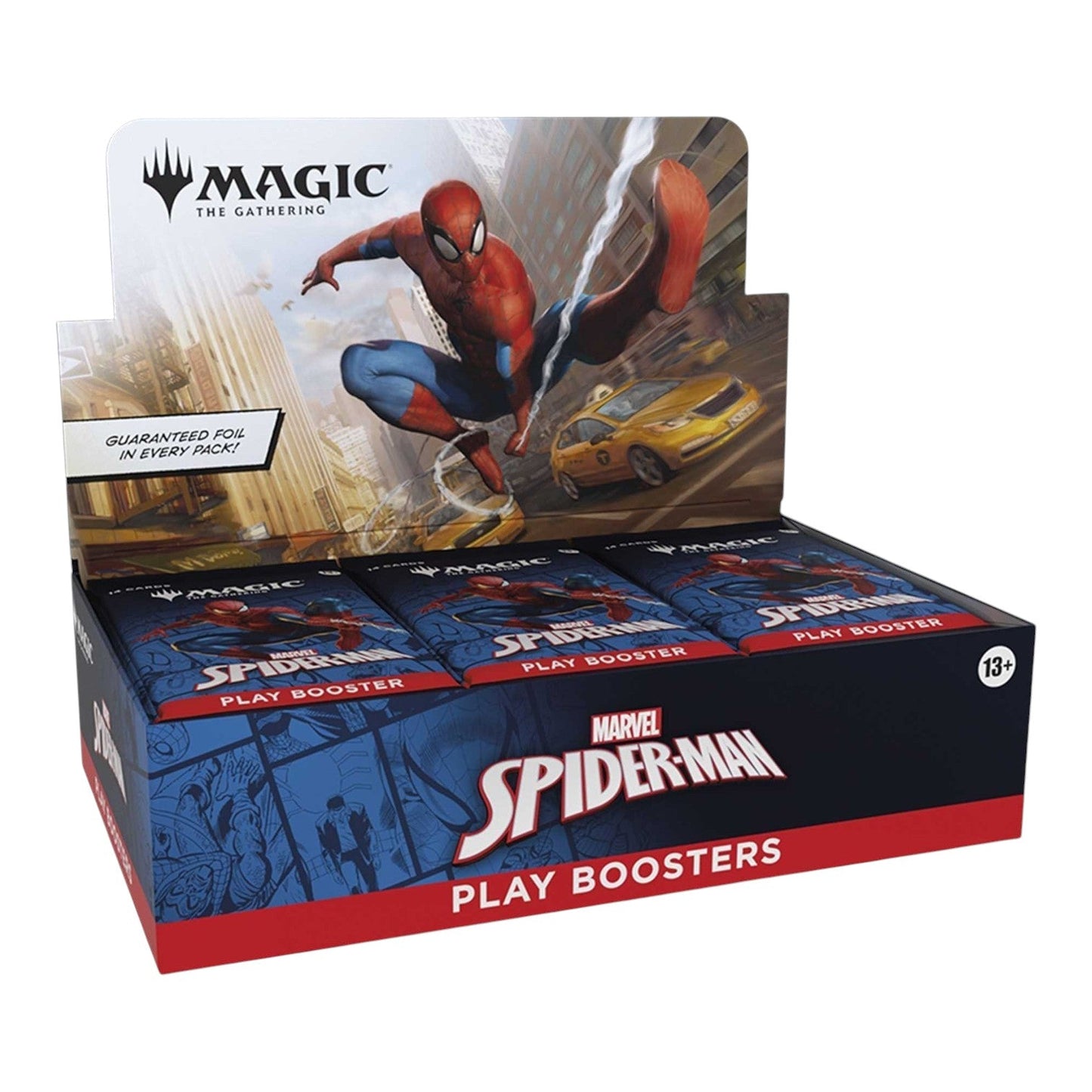 Magic: The Gathering Marvel's Spider-Man Play Booster pack shown front-on with Spider-Man artwork