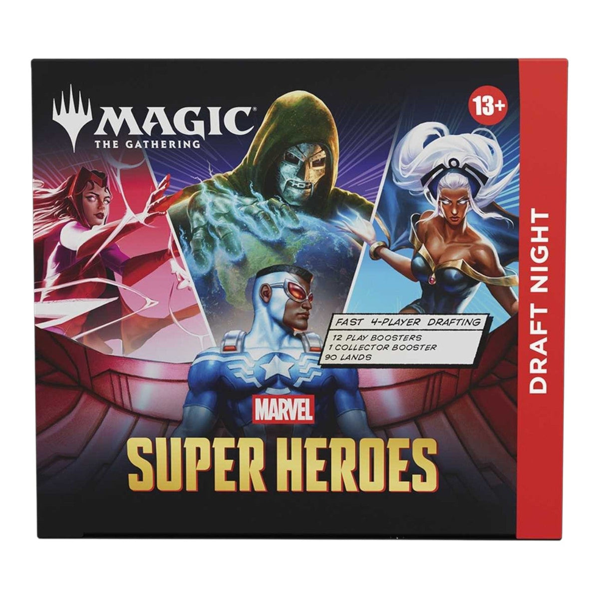 Marvel Super Heroes Draft Night booster box for Magic: The Gathering shown from an alternate angle