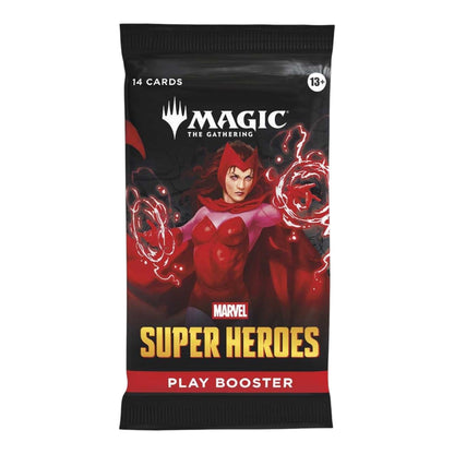 Rear of the Magic: The Gathering Marvel Super Heroes Play Booster Box showing product information