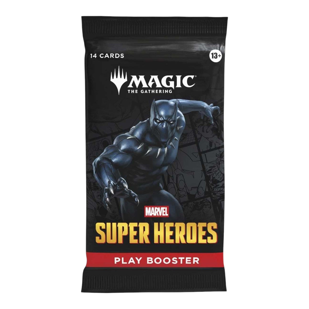 Magic: The Gathering Marvel Super Heroes Play Booster Box shown with sealed play booster packs