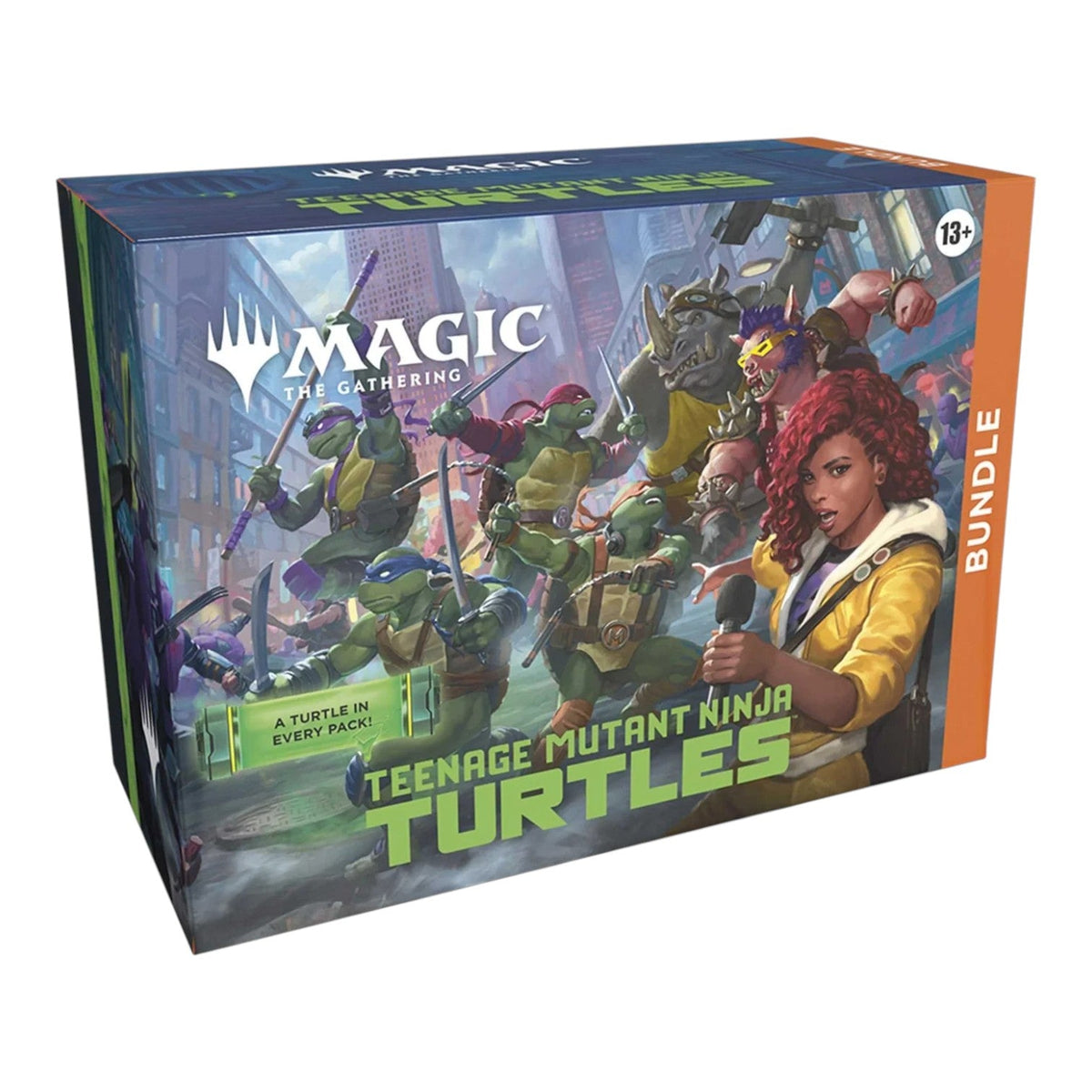 Magic: The Gathering Teenage Mutant Ninja Turtles bundle box with action artwork of the turtles mid-fight