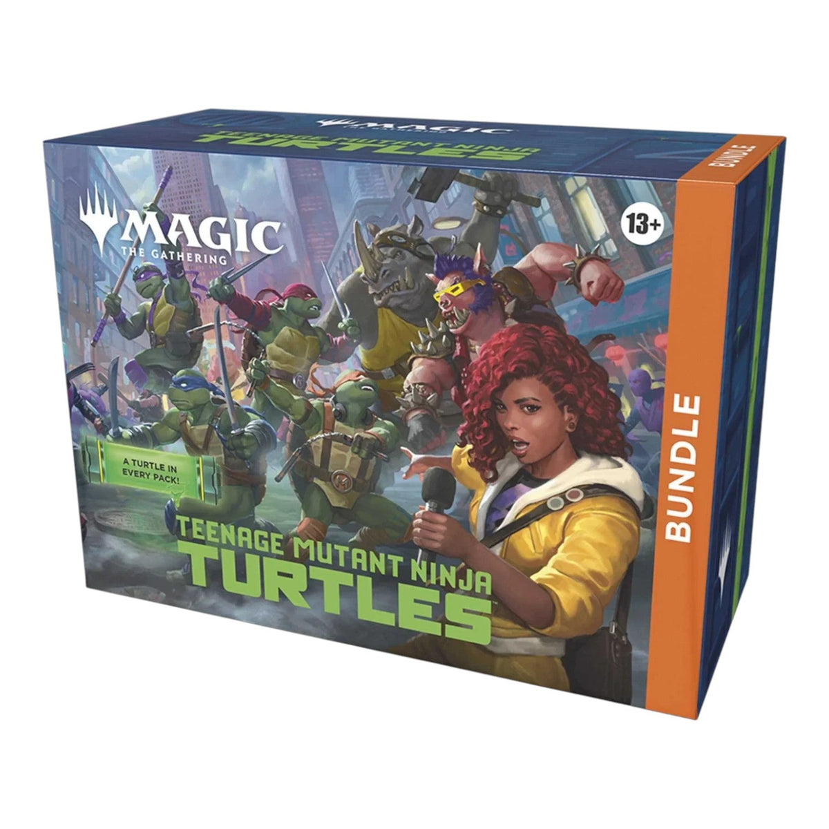 Magic: The Gathering Teenage Mutant Ninja Turtles bundle box showing April O'Neil and the four turtles