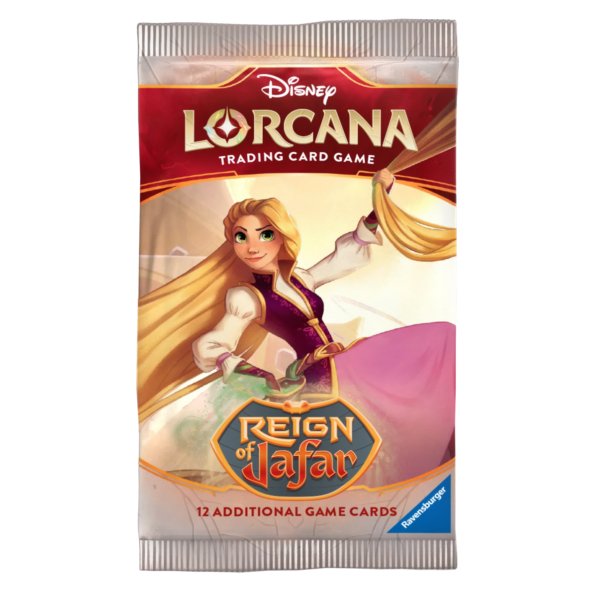 Sealed Lorcana Reign of Jafar booster pack showing Rapunzel on the front