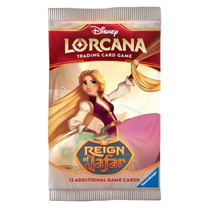 Sealed Lorcana Reign of Jafar booster pack showing Rapunzel on the front