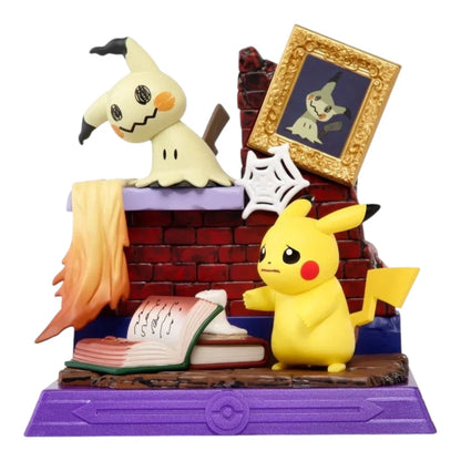 Pikachu and Mimikyu figure from the Funism Pikachu and Friends series, set in a cobwebbed library