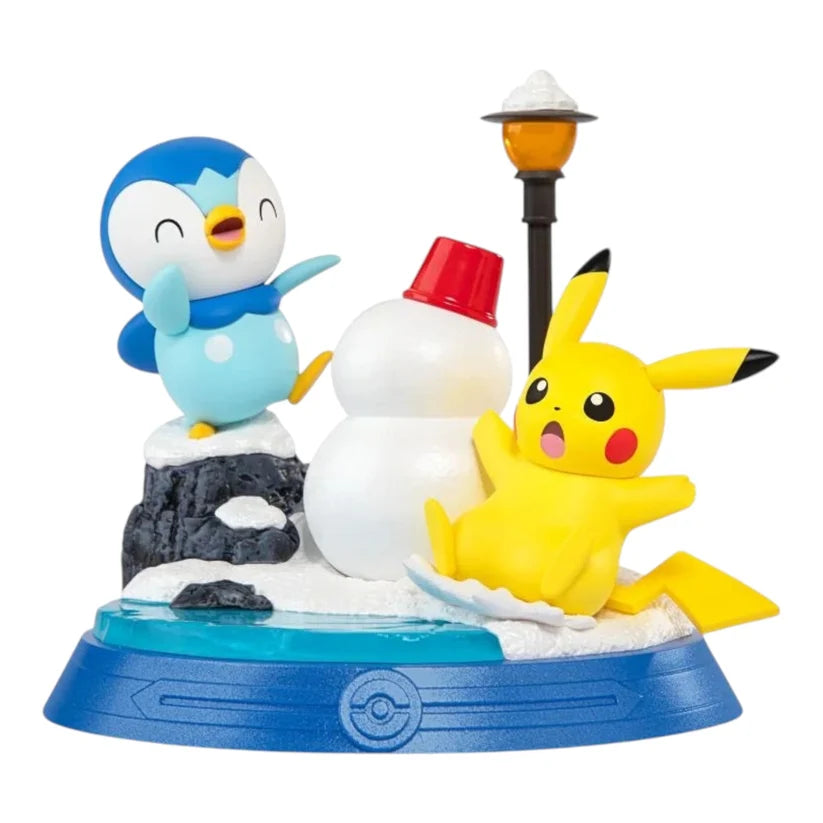 Pikachu and Piplup winter figure from the Funism Pikachu and Friends series, building a snowman