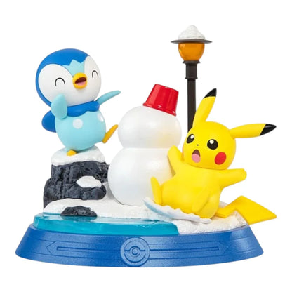 Pikachu and Piplup winter figure from the Funism Pikachu and Friends series, building a snowman