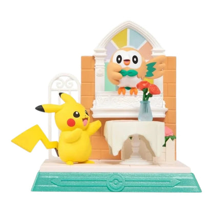 Pikachu and Rowlet figure from the Funism Pokémon Pikachu and Friends series, posed in a doorway