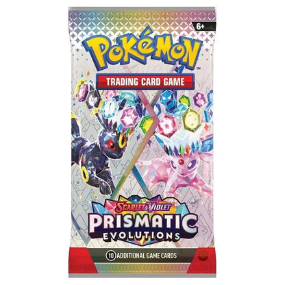 Single sealed Pokémon TCG Prismatic Evolutions booster pack showing Umbreon and Espeon on the front