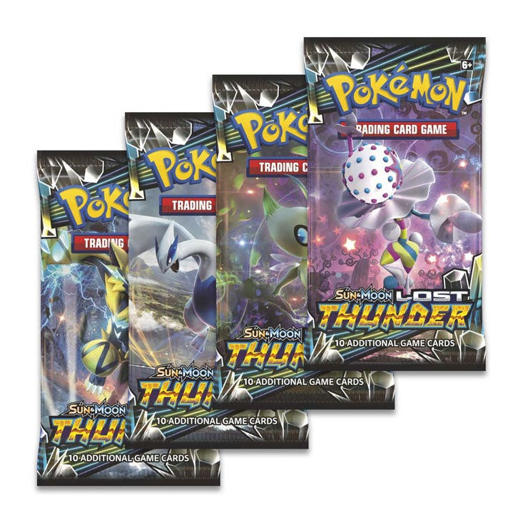 The four Lost Thunder booster pack wrappers side by side