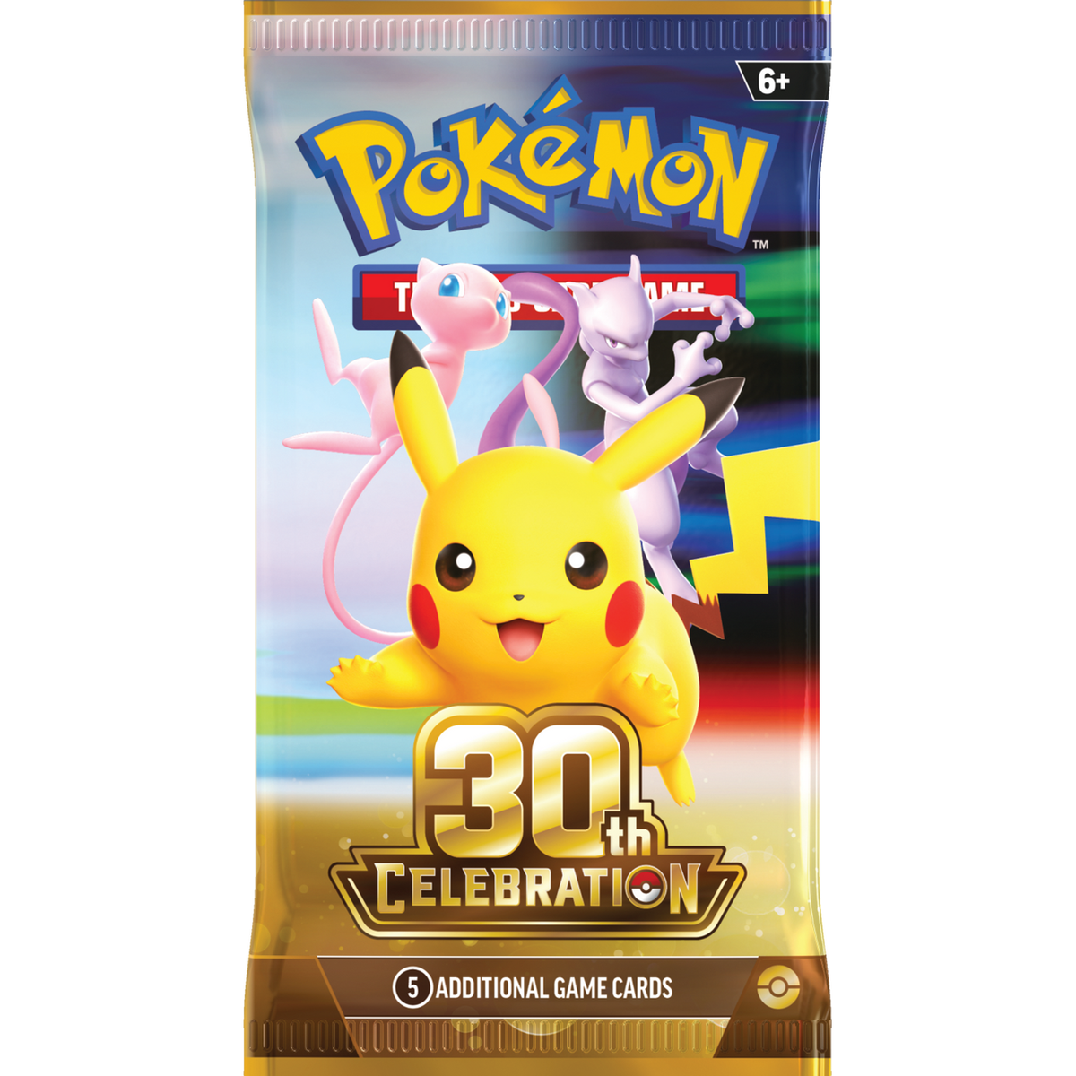 One sealed Pokémon 30th Celebration booster pack showing Pikachu, Mew and Mewtwo on the wrapper