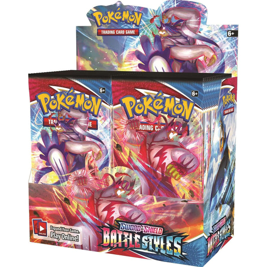 Pokémon TCG Sword & Shield Battle Styles booster box shown front-on in sealed packaging