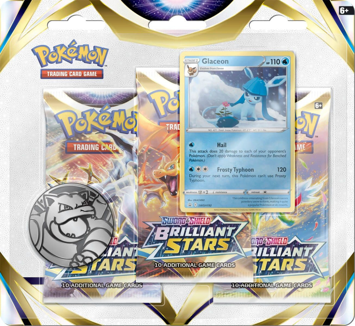 Pokémon TCG Brilliant Stars three booster pack blister with Glaceon artwork, sealed